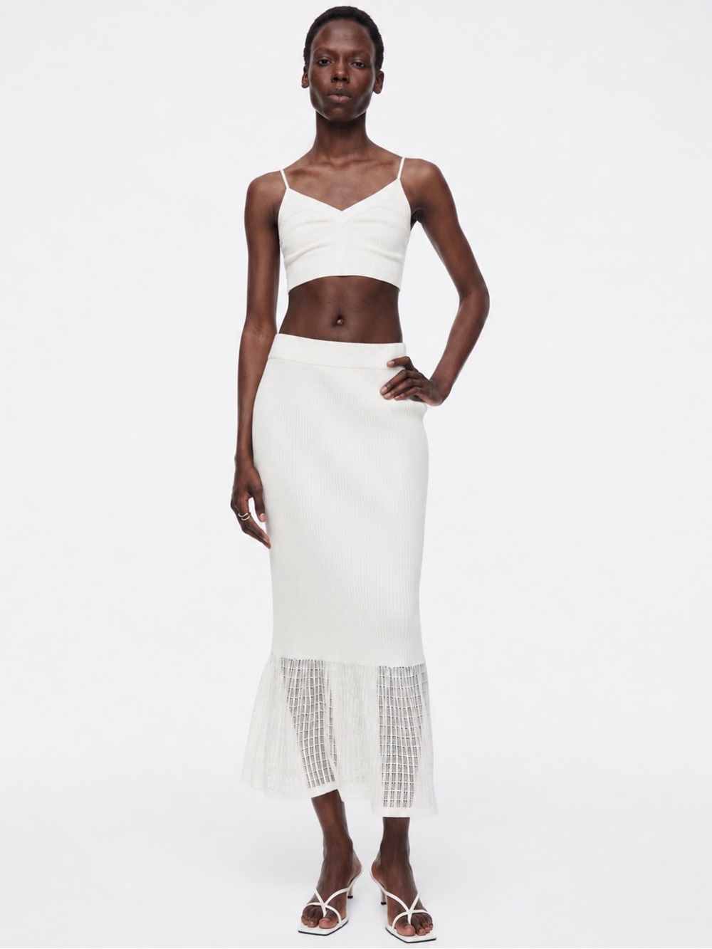 COS Ivory Rib Knit Lace-Stitch Midi Skirt XS Minimalist
